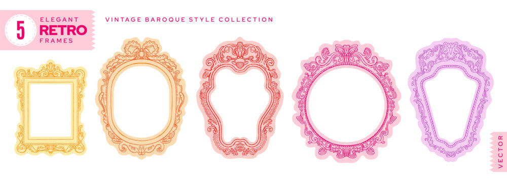 Frames for princess mirror. Doodle cute childish border vector. Vintage antique photo, picture or mirror shape. Ornate baroque hand drawn child frame. Princess vintage antique oval square pink set bg