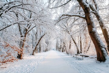 Fototapeta premium Serene winter pathway in a snow-covered forest