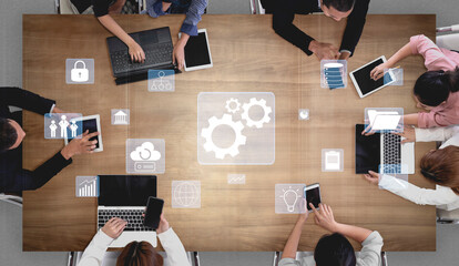 A concept of business operations and enterprise system integration. The components of a company including security, data, and cloud infrastructure. Motif