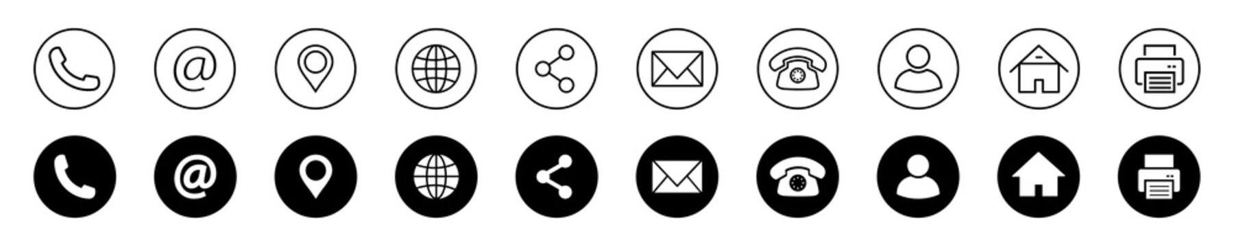 Business card contact and communication icon set with phone, at symbol, location, web, share, email, telephone, user, address, fax symbols in outline and solid styles for app and web interface