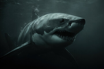 The great white shark swimming in deep ocean darkness.