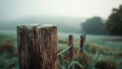 Frost-Covered Wooden Fence Post on Foggy Morning