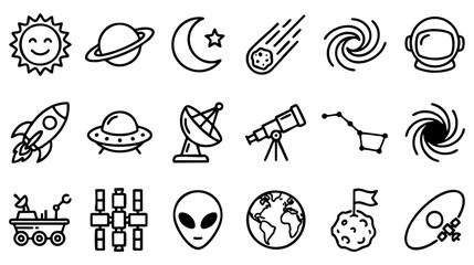 Fototapeta premium 20 vector line icons depicting outer space, astronomy, and cosmic exploration. Outline symbols for planets, rockets, astronauts, telescopes, and celestial phenomena.