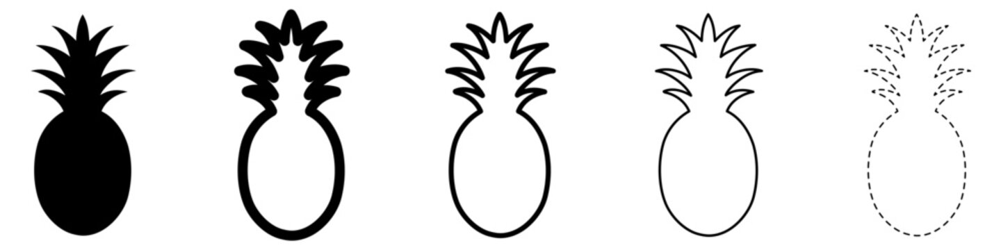Simplified pineapple icon. Symbol of tropical fruit: black silhouette, outline lines, and dashed line. Five style variations. Vector illustration.