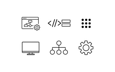 Collection of modern flat icons representing technology, programming, and system settings