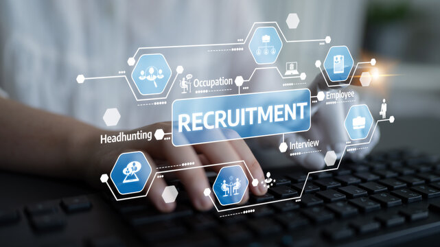 A close-up view of hands on a keyboard represents modern recruitment strategies, featuring digital elements related to job searching and employee selection processes. Tessel