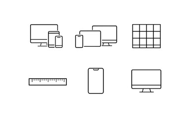 Collection of line icons representing digital devices, grid, and ruler for design and technology concepts