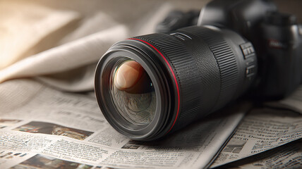 Close up of a professional camera lens placed on a newspaper with articles and headlines, close up of a lens, camera lens and film, old photo camera, vintage photo camera