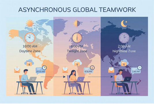 A vector graphic illustrating asynchronous global teamwork across different time zones