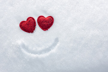 Fototapeta premium heart eyes, smile on the snow, Valentine's Day winter background, I love winter