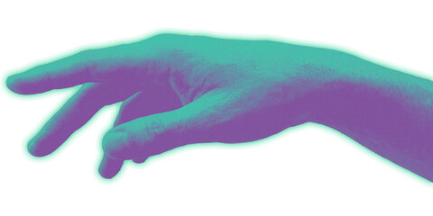 surreal human hand gesture reaching out in teal and purple duotone gradient with heavy grainy noise texture isolated on transparent background for retro digital collage element