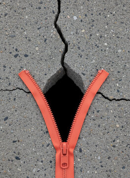 Vertical orange zipper opening on cracked concrete surface for reveal and repair conceptual designs