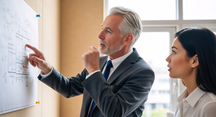 Senior architect explaining a blueprint to a colleague in an office. Business team collaborating on a construction project
