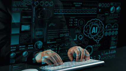 Dynamic illustration of hands typing on a sleek keyboard with an advanced digital interface showcasing artificial intelligence analytics and data visualization concepts. Cipher