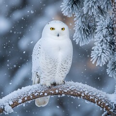 Obraz premium Snowy owl perched on a branch covered in snow during a winter snowfall scene outdoors