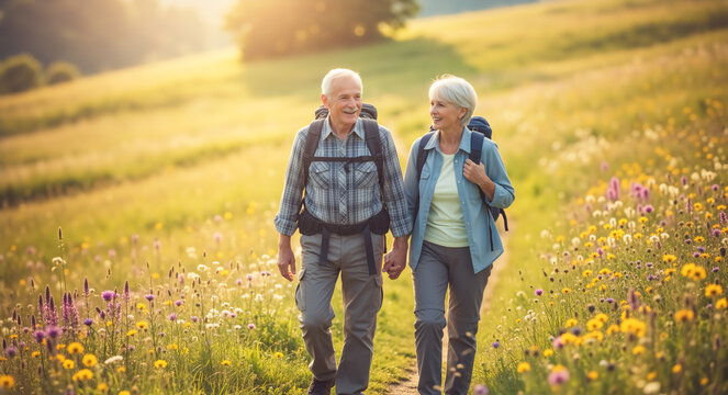 Senior couple hiking in a meadow with backpacks. Happy elderly man and woman walking outdoors holding hands. Active retirement lifestyle