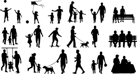 Obraz premium People different ages doing outdoors activities with various poses in public park vector silhouettes. People all ages playing in park family bonding leisure time black silhouette set