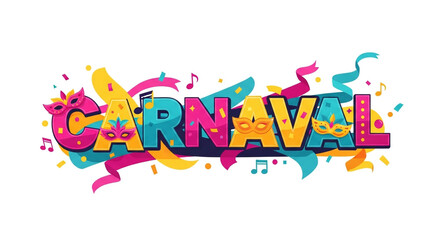 Naklejka premium A vibrant and colorful illustration of the word Carnaval with festive decorations and musical notes.