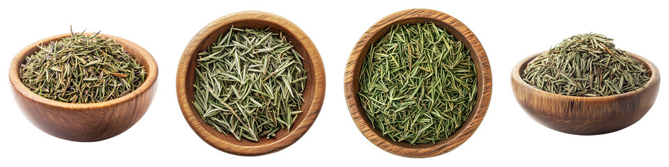 Various herbs are displayed in small wooden bowls, offering a vibrant and aromatic selection. The wooden bowls provide a rustic charm.