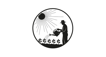 Man watering plants in a circular garden scene.