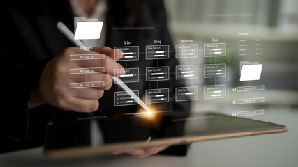 Project management system showing workflow stages, task progress, and review status. Task progress...