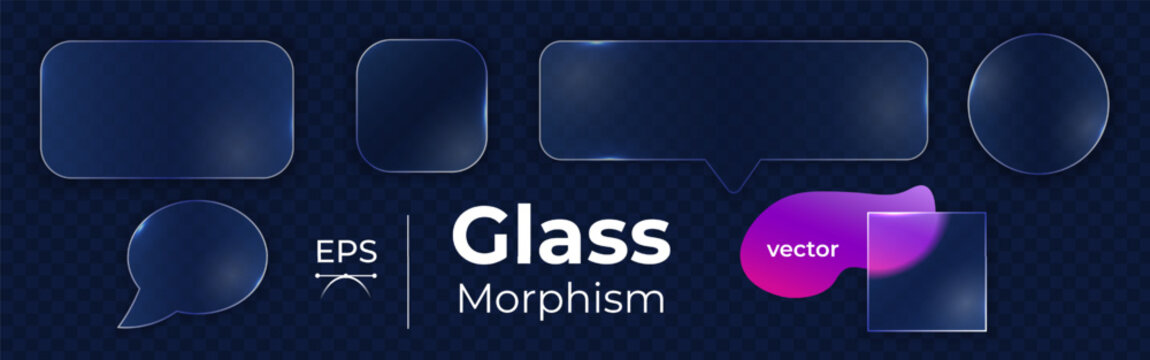 Modern Glass Morphism UI kit with transparent panels, buttons and speech bubbles. Futuristic abstract interface elements for app design, website layout, dashboard and digital product. Vector.