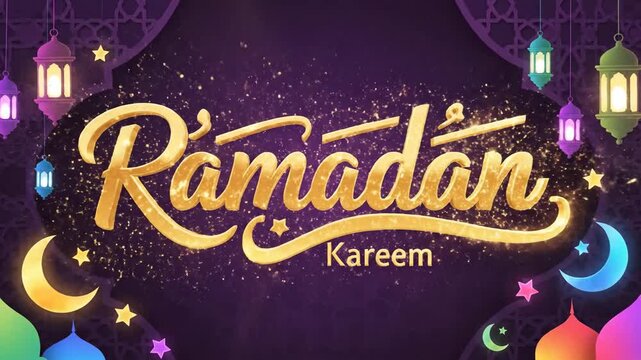Elegant glowing golden Ramadan calligraphy animation on a deep purple geometric pattern background with soft lanterns, ideal for holiday event invitations and religious broadcasting.