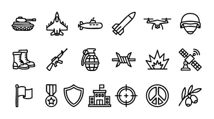 Fototapeta premium Military and war line icons set. Vector collection of army symbols including tank, weapon, drone, soldier gear, explosion, and peace signs. Simple outline style isolated on white background. 