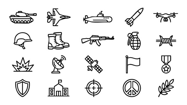 Military and war line icons set. Vector collection of army symbols including tank, weapon, drone, soldier gear, explosion, and peace signs. Simple outline style isolated on white background. 