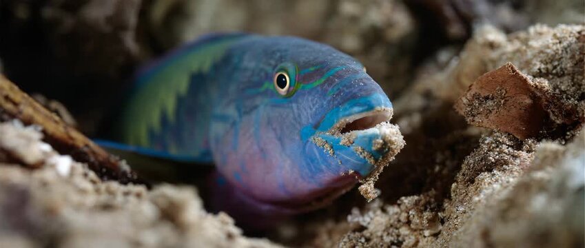 A colorful parrotfish blending harmoniously with its coral reef home.
