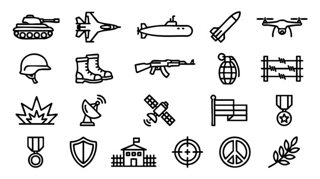 Military and war line icons set. Vector collection of army symbols including tank, weapon, drone, soldier gear, explosion, and peace signs. Simple outline style isolated on white background. 