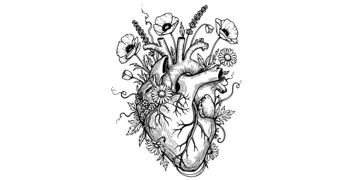 Anatomical heart with blooming wildflowers dark romance vector illustration black and white