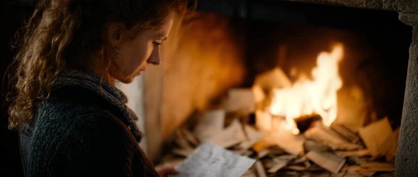 A contemplative woman examines pages as they burn nearby.