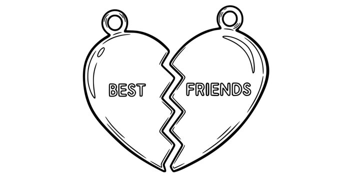 Vintage BFF best friends split heart necklace charm vector illustration black and white