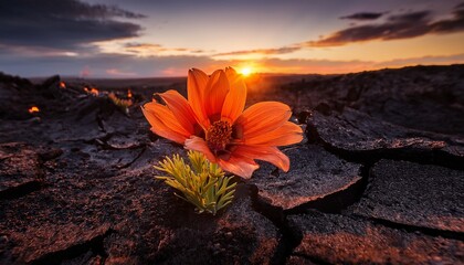 A Bright Flower Rises From Blackened Earth Amidst A Desolate Landscape Surrounding Flames Highlight The Stark Contrast Of Life And Destruction During A Twilight Sky