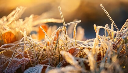 Macro Of Frost Covered Leaves And Grass In Soft Golden Winter Light Top Down Close Detail With Icy Tones And Gentle Bokeh Ideal For Seasonal Themes Nature Textures And Cold Weather Backgrounds