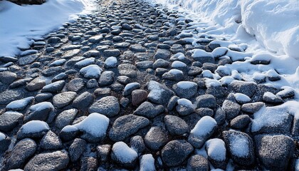 Patchy Snow On Gravel Driveway Dark Stones Exposed On Cold Ground Melting Snow On Gravel Driveway Creates Rough Texture Of Ice And Stone Snow On Gravel Driveway Useful For Winter Background