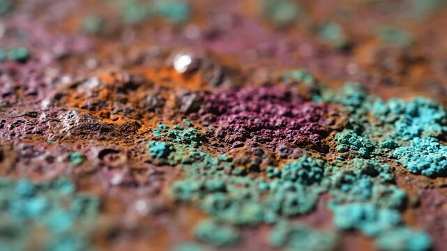 Macro Close Up Of Oxidized Copper Surface Showing Vibrant Blue Green And Pink Patina Textures With Orange Hues Under Natural Lighting Conditions Creating An Abstract Pattern