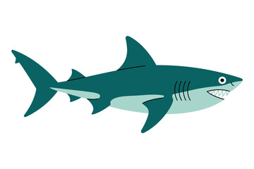 Fototapeta premium A cartoon shark swimming in the ocean with a white background