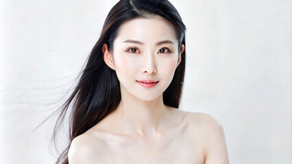 Fototapeta premium Young Asian woman smiling with long hair on neutral background 