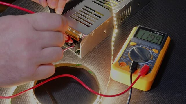 hands using a yellow multimeter to measure the output voltage of a power supply unit while it actively illuminates a connected LED strip.
