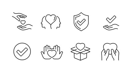 Set of icons representing care, love, protection, and approval in minimalist design
