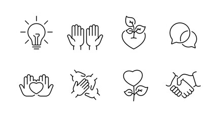 Set of simple line icons representing ideas, communication, charity, and nature