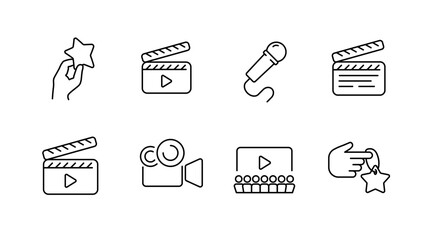 Minimalist media and entertainment icons set: clapperboard, microphone, camera, star