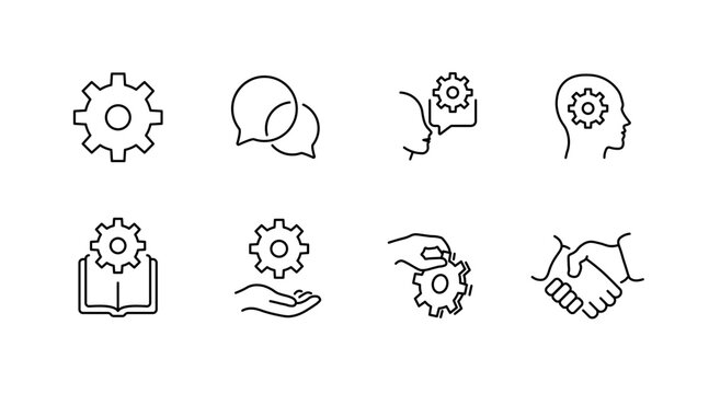 Cogs and communication: line icons of collaboration and innovation