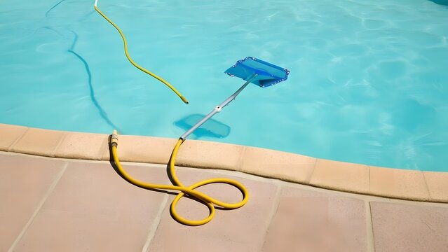 Sparkling Blue Pool Maintenance: Skimmer Net and Yellow Hose Laying on Decking &ndash; Summer Pool Cleaning Essentials