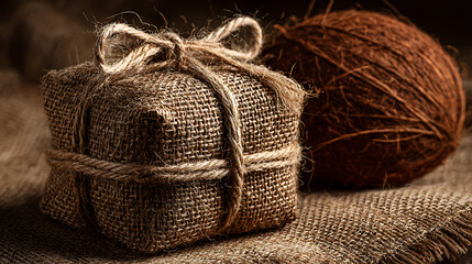 Fototapeta premium An artisanal gift box wrapped in rustic burlap fabric and tied with jute twine sits beside a whole coconut, illuminated by warm cinematic lighting on a textured surface.
