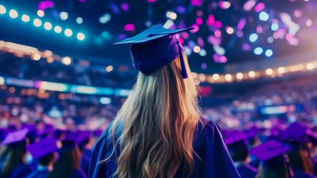 Recent graduate standing in crowd, adorned in cap and gown, looking towards brightly lit event, marking significant educational journey