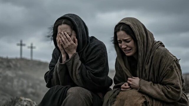 Two Biblical Women Crying and Mourning Sitting on Ground with Three Wooden Crosses on Calvary Hill in Background Depicting Sorrow after Crucifixion of Jesus Christ