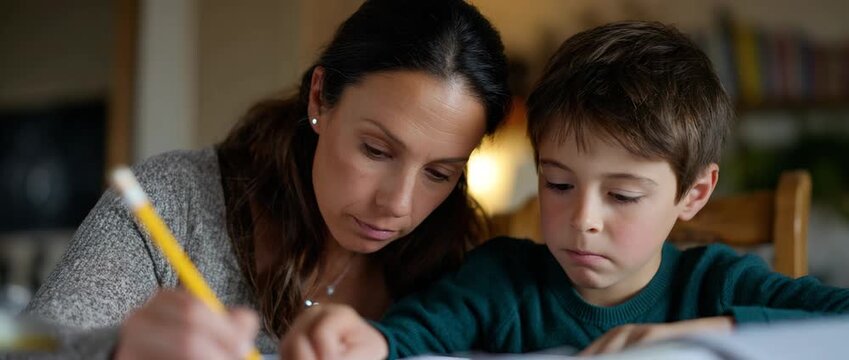 A mother helping her child with schoolwork at home.